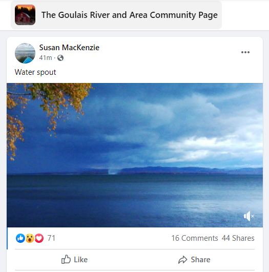 JustinMWeather's tweet photo. Reports of a waterspout and possible tornado with some tree damage reported near Goulais River and Bellevue Valley in a local Facebook group from a line of thunderstorms that passed through about an hour ago. #onntp #onstorm https://t.co/FClHt6pquq
