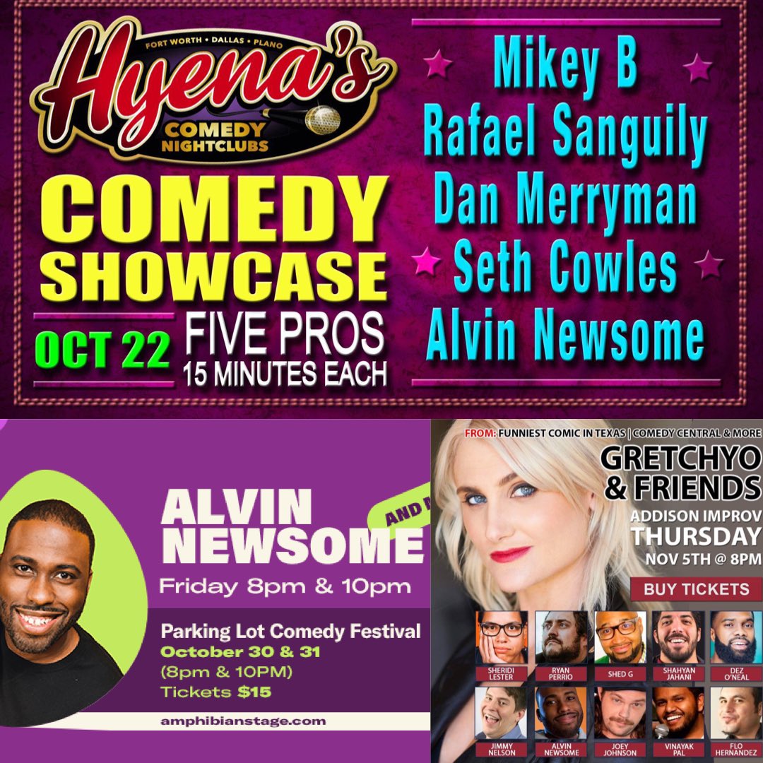 alvinsights's tweet photo. Upcoming shows you can catch me twice in Ft Worth @HyenasComedy 10/22 & @AmphibianStage 10/30 and now November 5th @AddisonImprov. PS don’t forget those masks. #standupcomedy #dfwcomedy #ftworthevents https://t.co/2hWkF9Yytg