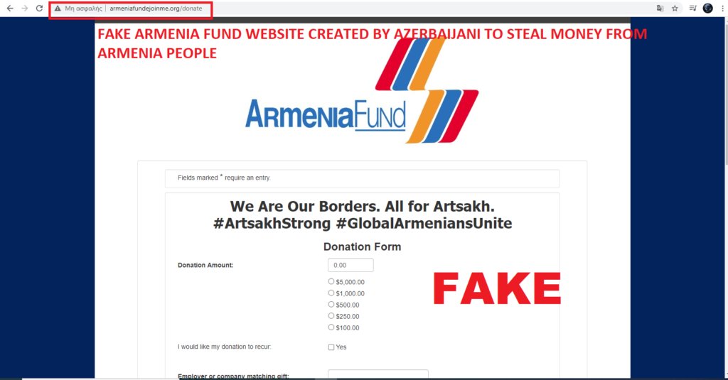  http://Himnadram.org  vs  http://armeniafundejoinme.org Yes, you guessed it right, they tried to fake the all Armenian found website, a fundraiser for humanitarian purposes to help people of Artsakh.Fortunately, this fraud was caught shortly, and the website was taken down.