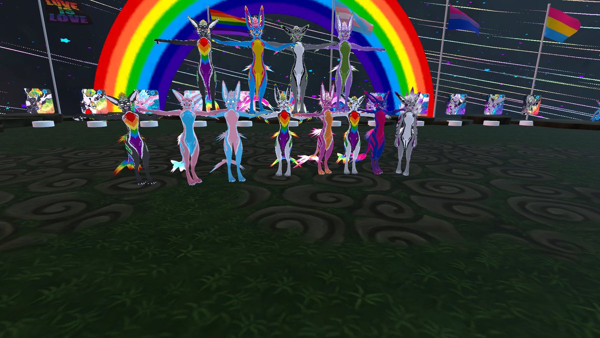 Me and the gang T-Posing on homophobes #VRChat #loveislove 

Avatars by @alibidraws! Featuring @drcd, @Sora_gryphon, @DatBlueHusky and a ton of other people whose names I'm forgetting ^^;
