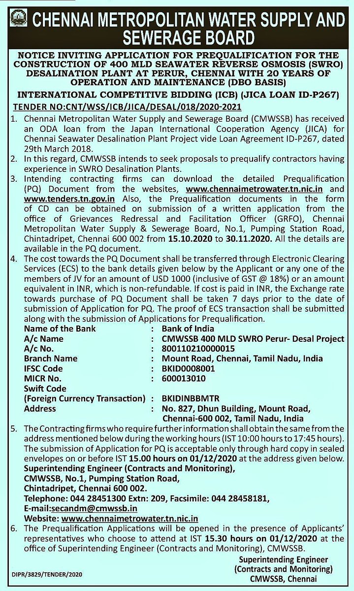 SmartWWW_IN's tweet photo. #ProjectUpdate: Chennai Metropolitan Water Supply and Sewerage Board is #inviting pre-qualifying bidders for #construction of #400MLD  Seawater Reverse Osmosis #Desalination Plant at Perur, Chennai with 20 years of O&amp;M.
@mayur259 @kailashps @SmartWWW_IN @idadesal https://t.co/z7SRq3Lmn3