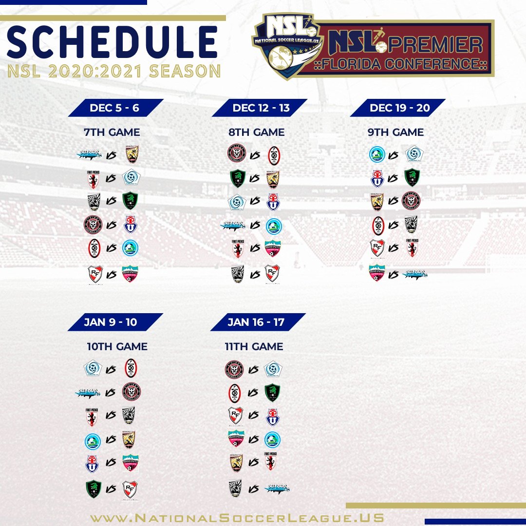 NSL News

The National Soccer League US announces the NSL Florida  schedule 2020-2021

<a href="/NSLSoccerLeague/">NationalSoccerLeague US</a>
<a href="/RedForceFC09/">Red Force FC</a>
<a href="/miamiunitedfc/">MIAMI UNITED F.C.</a>
<a href="/islandunited/">Jonas Antoine</a>
<a href="/Miamisocceracad/">Miami Soccer Academy</a>
<a href="/hurricanefc161/">hurricanefc16</a>
<a href="/sharksfcaofflo1/">sharksfcaofflorida</a>
@ftpiercepanthers
<a href="/InterFloridaFC/">Inter Florida FC</a>
<a href="/miamivikingsfc/">Miamivikingsfc</a>
@udechileusa
@milandemiamifc