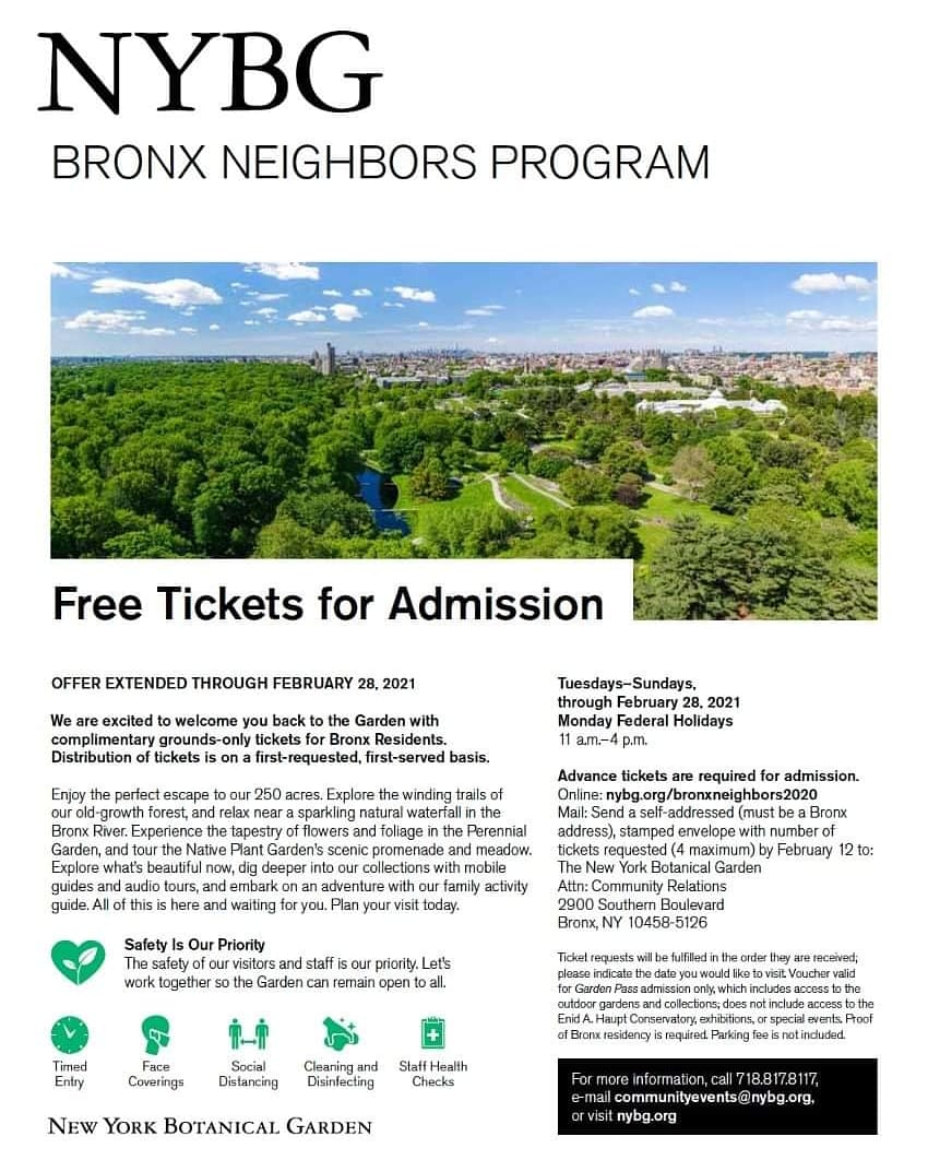 WSBID's tweet image. The @NYBG is pleased to announce that they are continuing their Bronx Neighbors Initiative and offering free admission to their grounds. Please click the web link below, and view the attached flyer for more details. 
nybg.org/bronxneighbors…

 #FreeTickets #BoletosGratis #NYBG