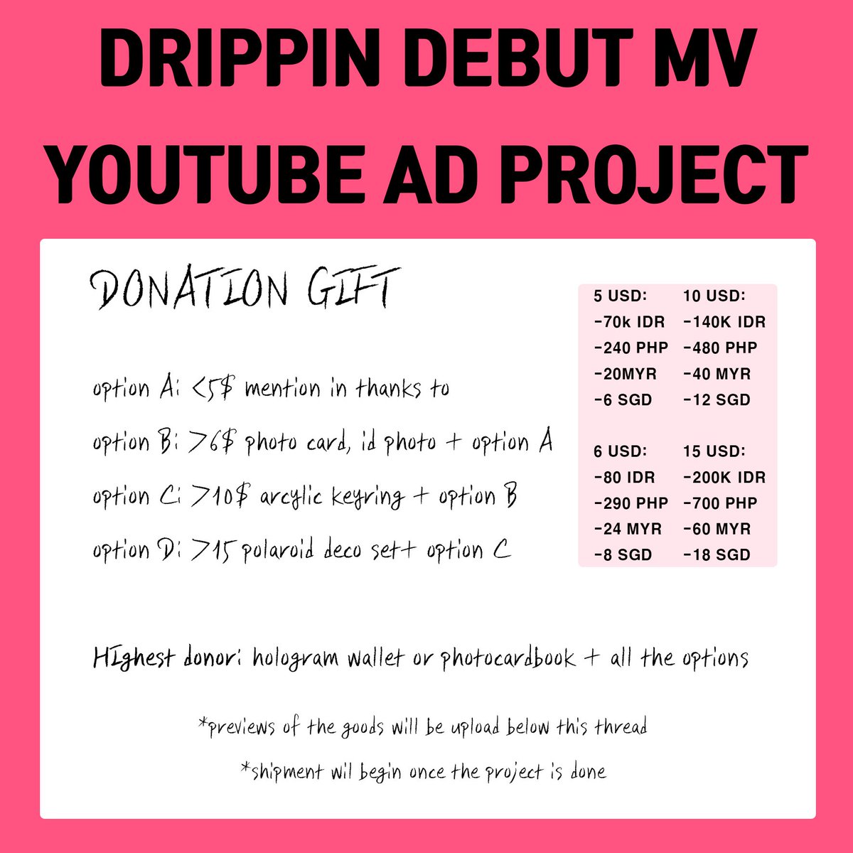 In order to succesfully  #DRIPPIN debut MV youtube ads project.All fundrasing for youtube ads now we're collaborate it with  @tomyonly_dy. For everyone who fund donation, will get new gift as write on new details posterNew form link   https://docs.google.com/forms/d/e/1FAIpQLSdI56k_fVwAA8HvgJ2UAusNiAkEwqd_imfgFfos4ombX6h_EA/viewform  #드리핀  @drippin