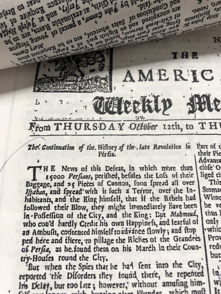 PS - It gets even better. There was such an appetite for news from Iran in 1720s America that the two newspapers began competing against each other for it. The Mercury even published a sensationalistic, 9-part series on Persia in 1727 -- a first for American journalism