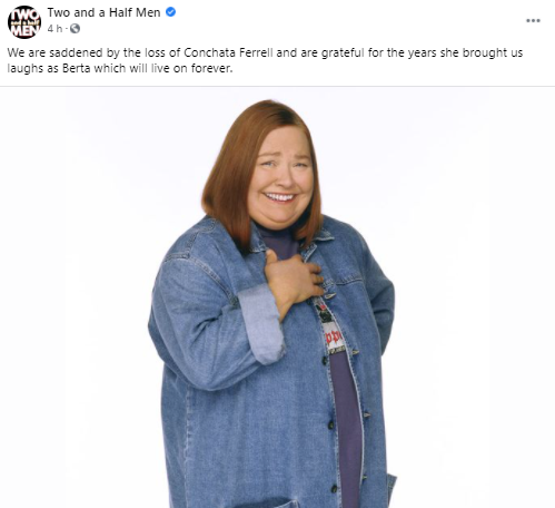 elottoloco's tweet photo. Two and a Half Men 

We are saddened by the loss of Conchata Ferrell and are grateful for the years she brought us laughs as Berta which will live on forever.

#RIPBerta https://t.co/QVNtJw2JR3