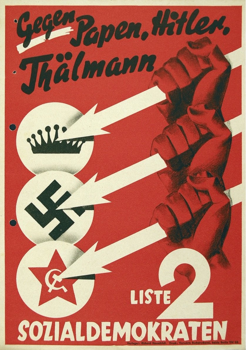 The Iron Front pivoted to also oppose other enemies of the SPD including monarchists and communists, this included the Communist Party of Germany (KPD) who the SPD considered bolsheviks and as big of a threat to Germany as Nazis.