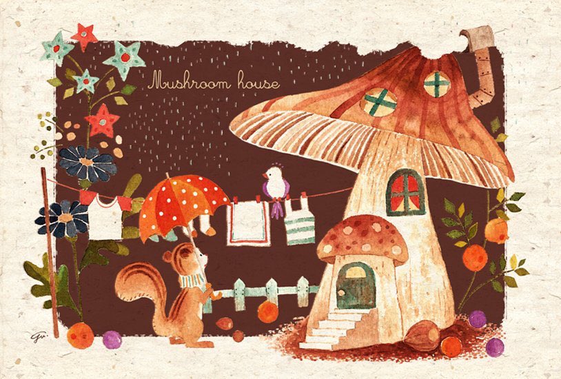 mushroom no humans flower acorn traditional media painting (medium) squirrel  illustration images