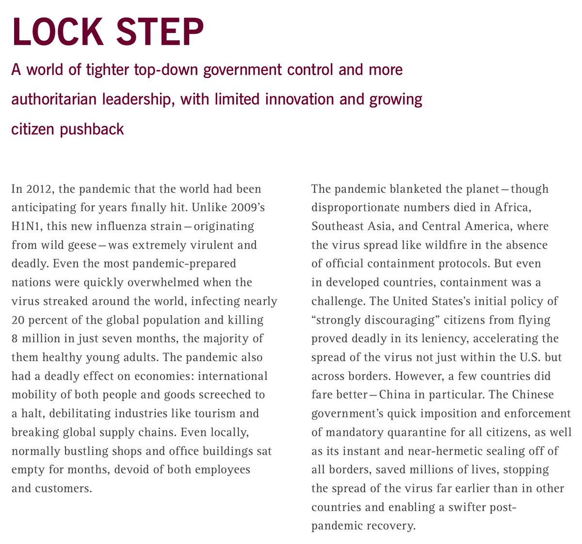 3/ Rockefeller Lock StepThis is a 2010 simulation of a nightmare pandemic leading to authoritarianism, discussing how philanthropies could help. If it seems like someone read these scenarios and the book 1984 and got ideas, that’s exactly what CCP did. http://www.nommeraadio.ee/meedia/pdf/RRS/Rockefeller%20Foundation.pdf