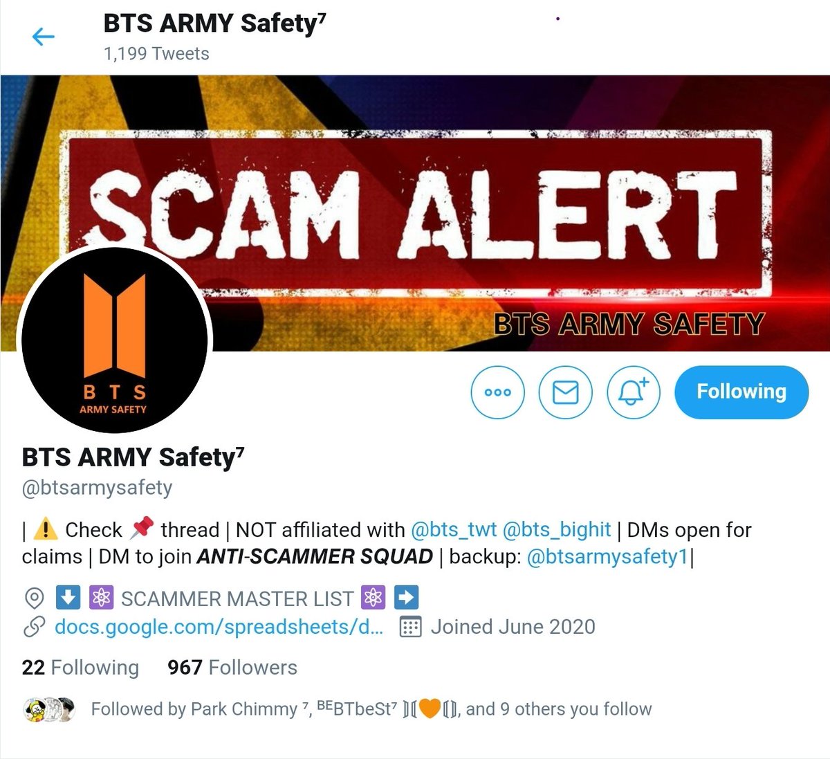 Computer Science and Cyber Security ARMY -  @ArmyCompsci Anti-Scammer Alert -  @btsarmysafety Crafts ARMY -  @CraftsBts K-Diamonds Translating/Coaching on Korean Culture -  @BTSARMY_Salon   #BTSARMY  @BTS_twt