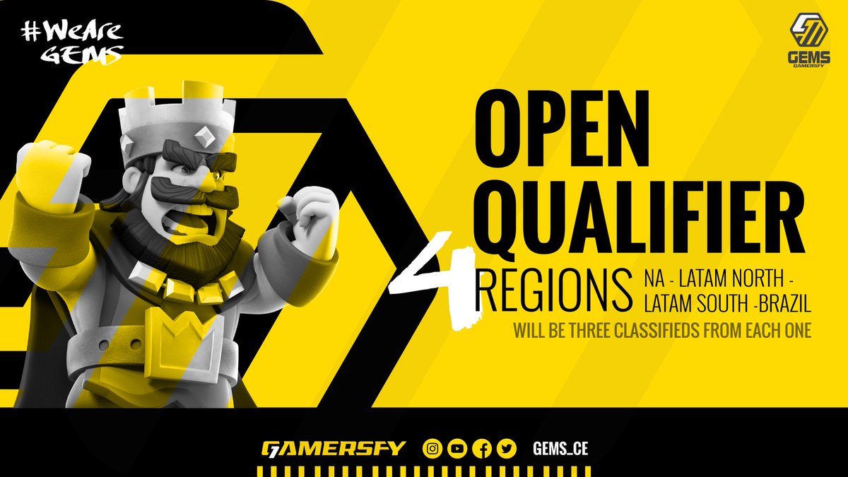 #GGL • #ClashRoyale

Open registration!

All teams in America can search the classification.
They will be divided in 4 regions and each one will have 3 passes to the League.

Prizepool: $1200 🔥
Contributed by <a href="/gamersfy/">Gamersfy</a>

RT and complete:
▶️ bit.ly/FormGGL

#WeAreGEMS