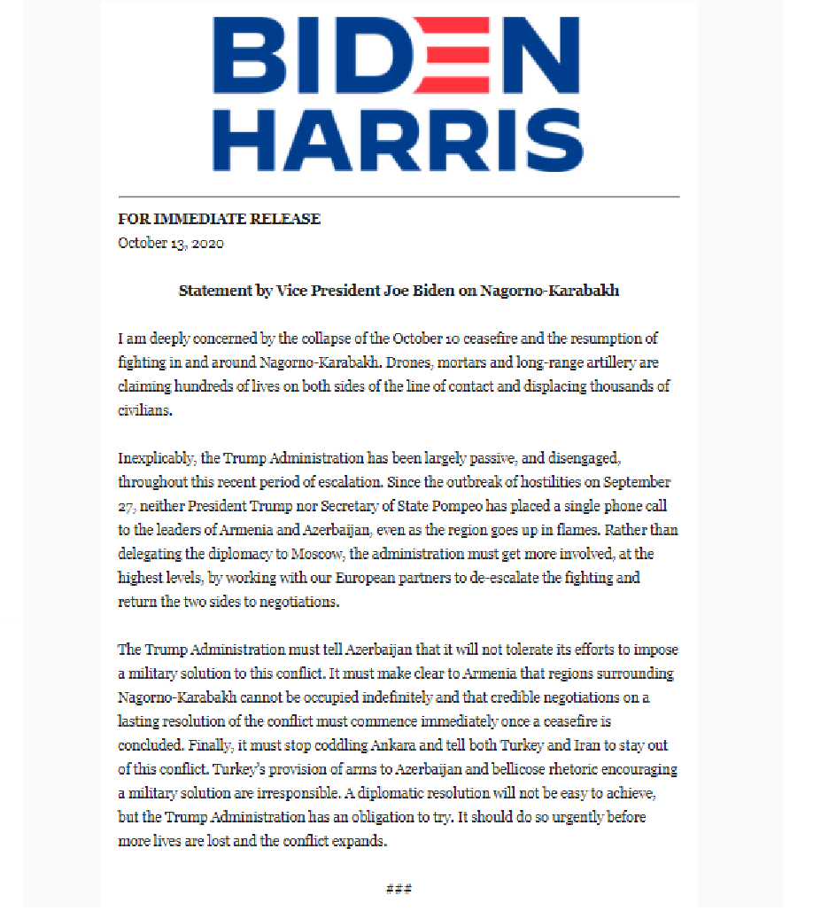 ANCA_DC's tweet photo. Biden-Harris campaign posts - Statement by Vice President Joe Biden on Nagorno-Karabakh: https://t.co/SKAVzisnHg