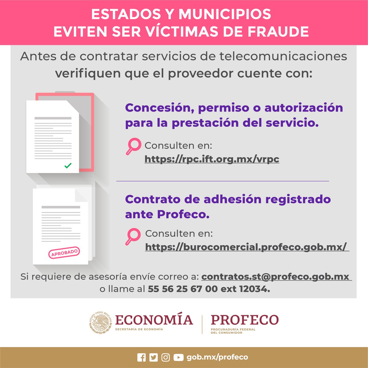 Profeco's tweet photo. ⚠️#AlertaProfeco Gobiernos Estatales y Municipales, eviten ser víctimas de fraude, ya que algunas empresas de Telecomunicaciones no cuentan con autorización o permiso en los términos que establece la #LFPC.
🔴Antes de contratar, verifiquen la siguiente información: https://t.co/Hm2jQ4Q47I