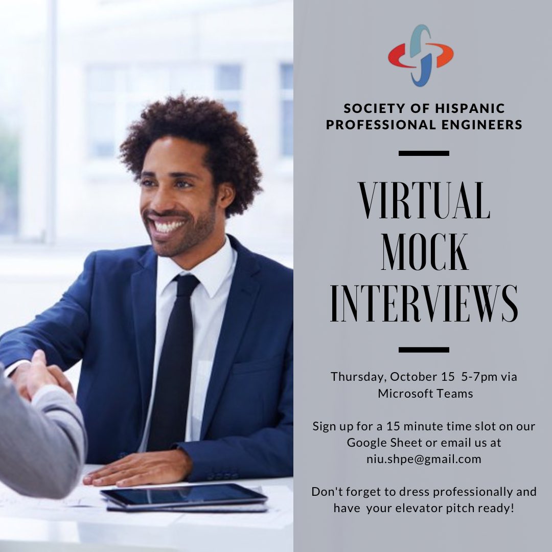 NIU_SHPE's tweet photo. This Thursday! Join us for virtual mock interviews with NIU alumni and other professionals. Brush up on your elevator pitch and receive feedback before Nationals! Sign up for a time slot below⬇️⬇️⬇️

https://t.co/1xT5xxKnS2 https://t.co/Xcv7Y0w5Dw