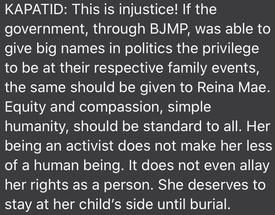 KAPATID cries injustice over reduction of Reina Mae Nasino’s furlough. Says she should be subject to same privileges granted to big names in politics: Equity and compassion, simple humanity, should be standard to all. | via  @mikenavallo