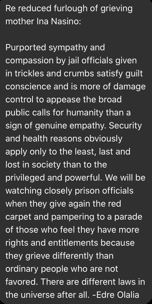 Reacting to Nasino’s reduced furlough, NUPL Pres Edre Olalia says security and health reasons only apply to “least, last and lost in society than to the privileged and powerful.” Warns they will be watching if BJMP officials roll out red carpet to other detainees. |  @mikenavallo