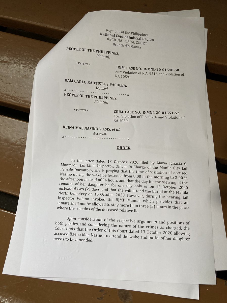 READ: Full copy of Manila court order reducing Reina Mae Nasino’s 3-day furlough to 2 days | via  @mikenavallo