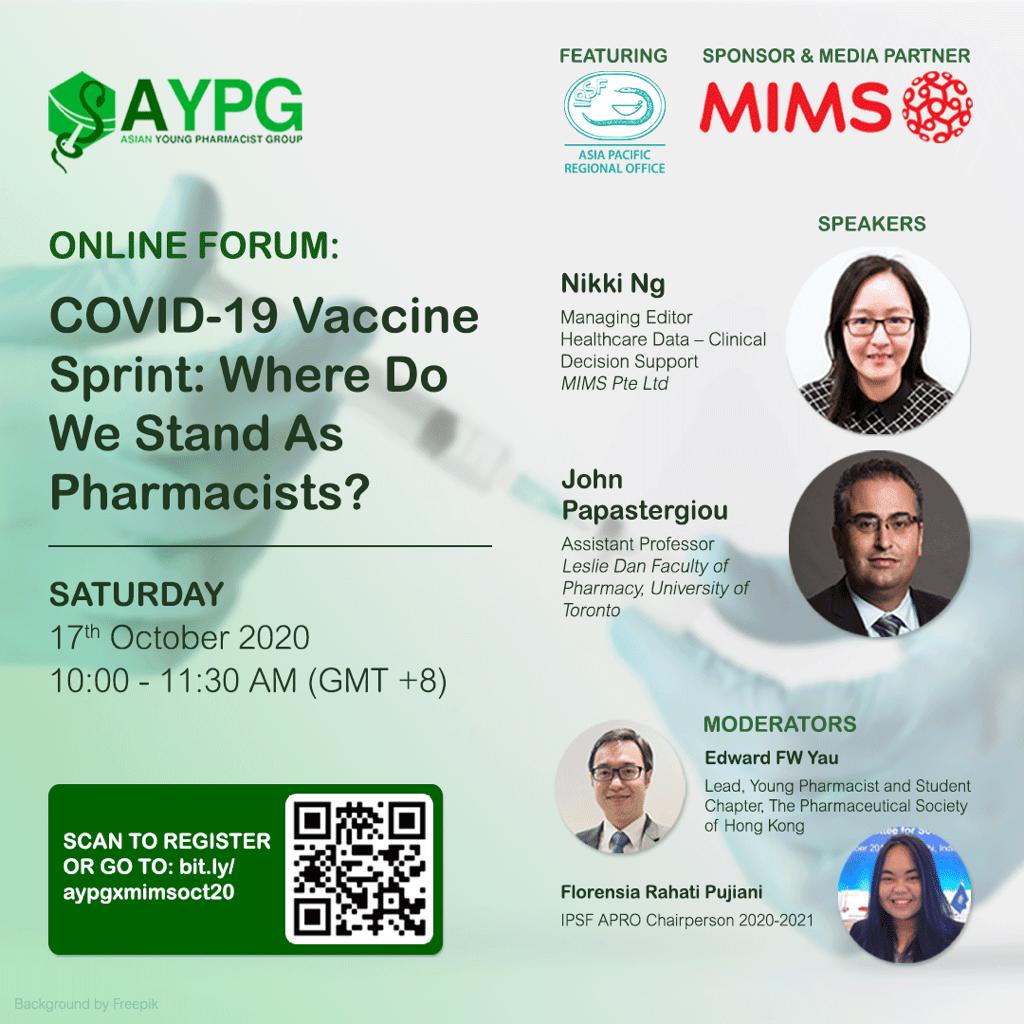 IndonesianYPG's tweet photo. [AYPG X MIMS Online Forum]
'COVID-19 Vaccine Sprint: Where Do We Stand as Pharmacists?', featuring IPSF APRO
October 17th, 2020
10 -11.30 am (GMT+8)
Reserve your seat https://t.co/zSzauEglyE
#aypg #mims #apotekerindonesia #ismafarsi #indonesianypg #COVID19 https://t.co/r0q2ZERU5i