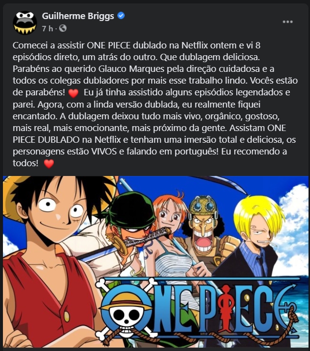 Comecei a assistir ONE PIECE dublado na - Guilherme Briggs