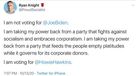 Jackcoall's tweet image. And then there are fake socialist projections.
#TrumpProjection 
Ryan Knight - Ministry of Empty Platitudes.
Don't be fooled by the grifters. Don't re-elect Trump.
Vote Biden!
#BidenHarris