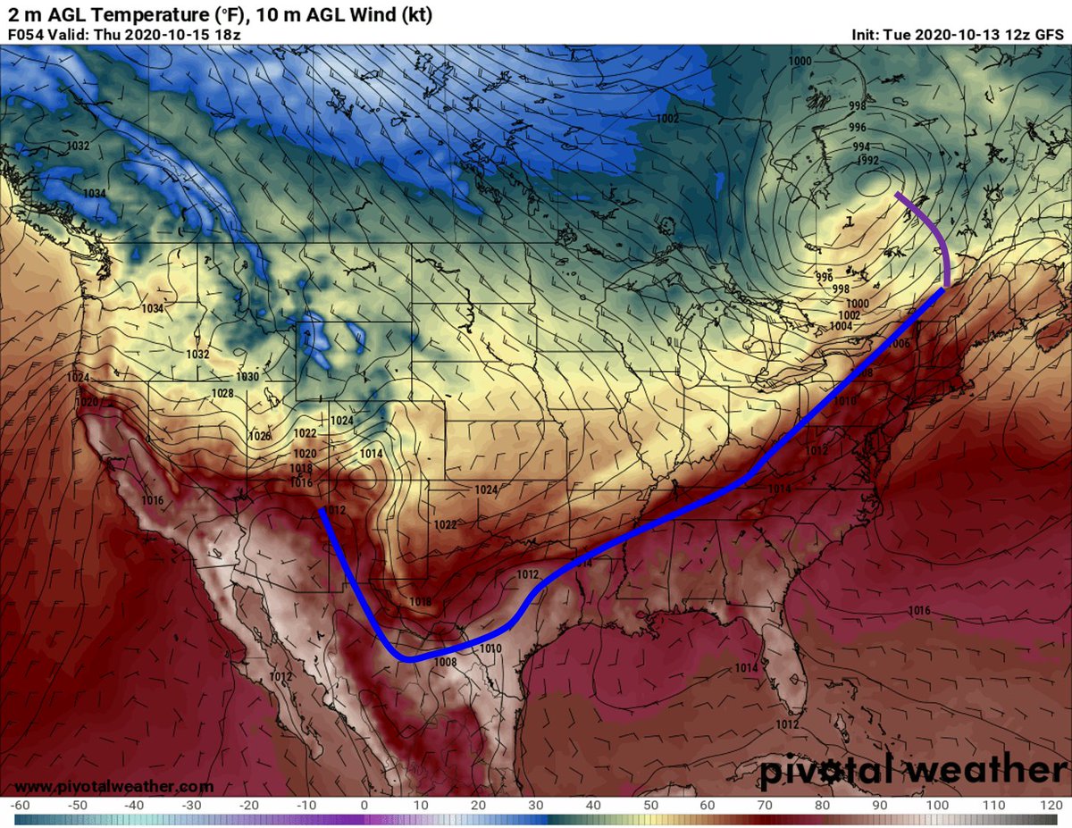 By Thursday afternoon, the polar front has caught the Pacific front (NW winds ahead of the polar front increase its speed), and the result is the typical cold front observed over the central and eastern United States.