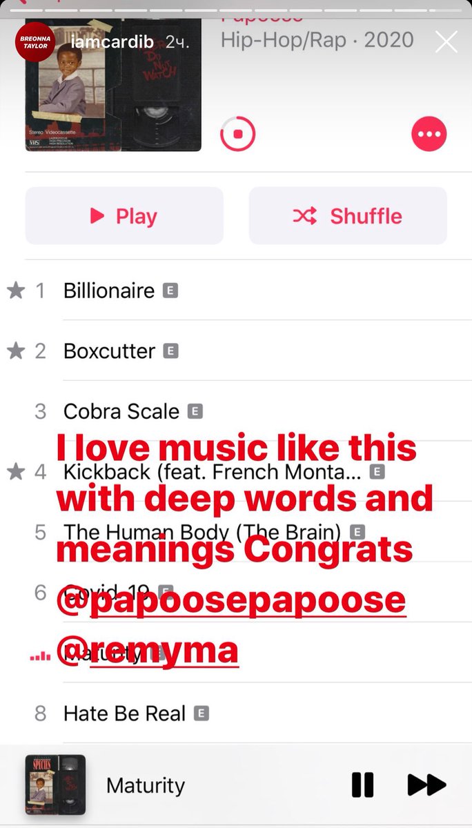CardiBRus's tweet photo. Cardi congratulates Papoose on the release of his new album via IG Stories (October 13, 2020). @iamcardib @Papooseonline https://t.co/xXVWmC4fxG