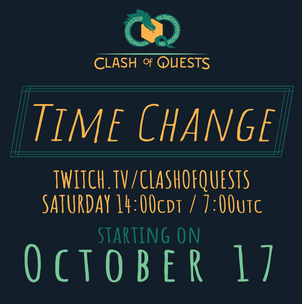 clashofquests's tweet photo. Want Clash of Quests earlier? Want more time to marinate on whatever mess the party got themselves in this time?!

EXCITING NEWS!!!!

We're moving to an earlier time spot!!!

#clashofquests #dnd #dnd5e #ttrpg #twitchstreamer #TwitchAffilate https://t.co/h9OziyvoQU