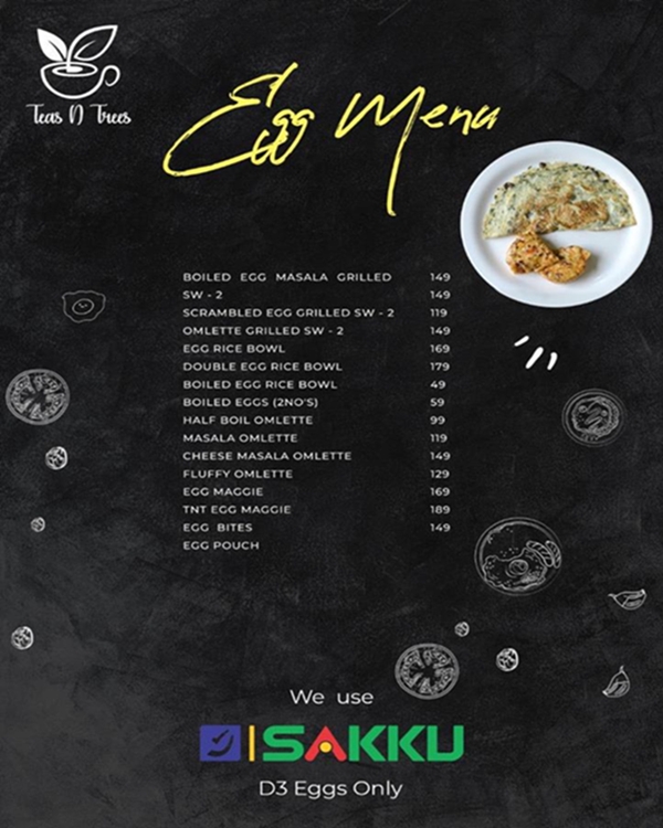 SakkuEggs's tweet image. Look what we came across . The egg menu card of the famous coffee shop &quot;Teas N Trees &quot; in Guntur had &quot; We use Sakku D3 Eggs only&quot; mentioned on it.
#eggsforgoodhealth #eggsforimmunity #vitaminD3 #D3eggs
For Franchise details call on : 8008499799
--&amp;gt;&amp;gt;sakkugroup.com