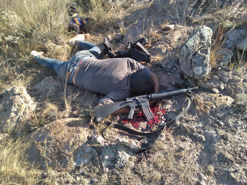 NarcoMundo_NOT's tweet photo. #Zacatecas

Así quedaron los sicarios del Cártel Los Talibánes tras enfrentarse a la policía estatal entre la zona rural de las comunidades Nueva Alianza y Río Frío, a unos 40 km de #Fresnillo.

Saldo:14 sicarios abatidos y 3 policías lesionados.
12/10/2020 https://t.co/GKH0lTE7XU