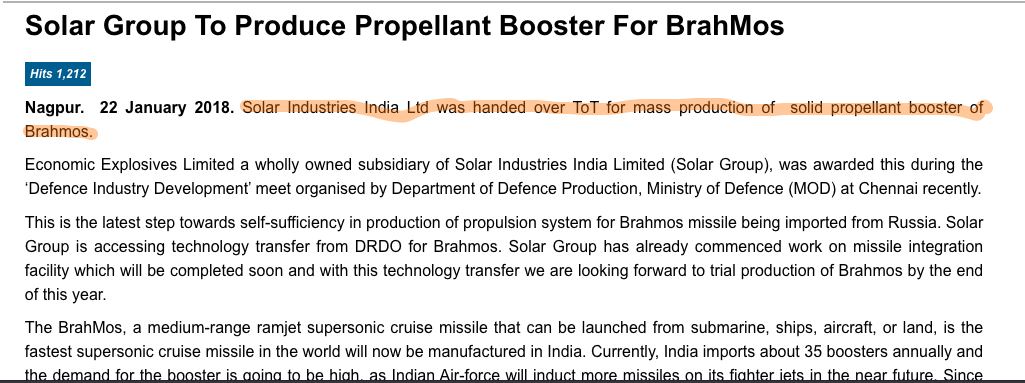 In 2018, Solar Industries was given a technology transfer by the Ministry of Defense to produce propellant booster for the BrahMos missile. 2 months ago, Solar Ind. cleared DRDO trials to get the technology & make Pinaka artillery rockets for the Indian Army.(2/9)