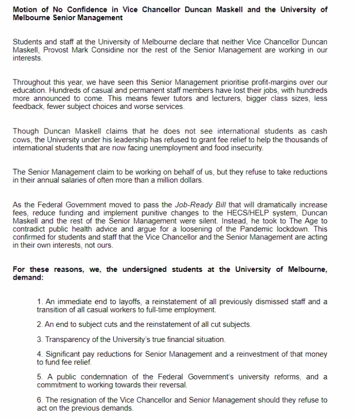 The motion of no-confidence passed today by the <a href="/UMSUunimelb/">UMSU</a> in solidarity with @Unimelb staff.