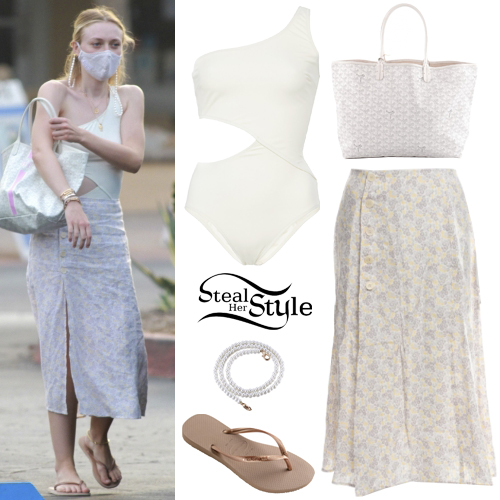 Dakota Fanning: White Swimsuit, Midi Skirt sstyl.es/RjYGl5