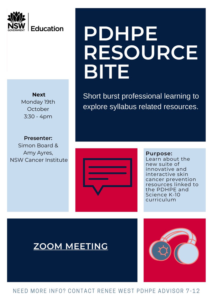Join our #PDHPE resource bite Monday 13 October, 3.30pm – 4pm. Presenters: Simon Board &amp; Amy Ayres, NSW Cancer Institute. Explore the new suite of innovative skin cancer prevention resources linked to the PDHPE &amp; Science K-10 curriculum. Via zoom:
nsweducation.zoom.us/j/62210726350?…