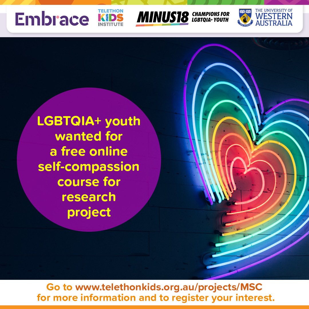 lin_ashleigh's tweet image. We are running research on self compassion for LGBTQIA+ youth 18-25 with partners ⁦⁦@minus18youth⁩. Awesome opportunity for young people. Please retweet. ⁦@PenelopeStrauss⁩ ⁦@thegenderfairy1⁩ ⁦@lgbtihealth⁩