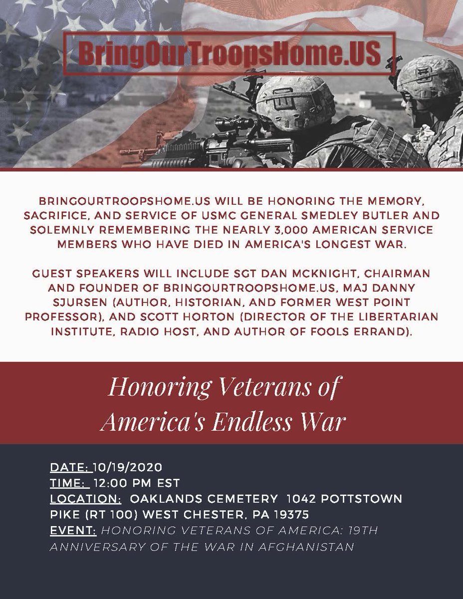 Join us. West Chester, PA on 10/19 to honor the Veteran's of America's Endless Wars and pay tribute to the greatest warrior-turned-antiwar-advocate in our nations history...USMC General Smedley Butler. @realDonaldTrump @Emmons4Congress @SkepticalVet @RepHoulahan @ConcernedVets