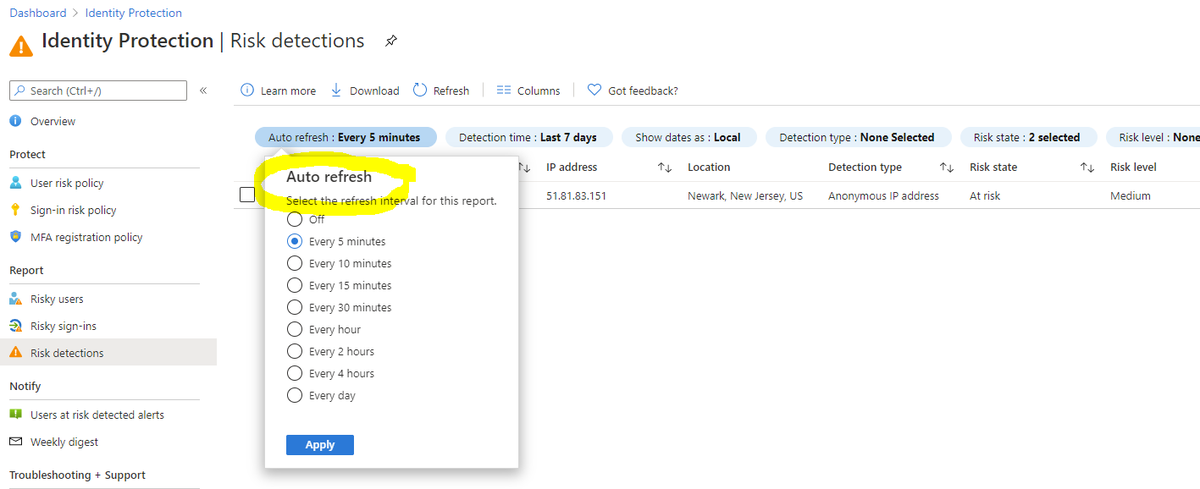 samilamppu's tweet photo. If you do investigation/testing in Azure AD Identity Protection this report "auto-refresh" seems quite useful. It can be found from all reports:
- Risky users
- Risky sign-ins
- Risk detections
#AADIdentityProtection https://t.co/8VfRIWgN69