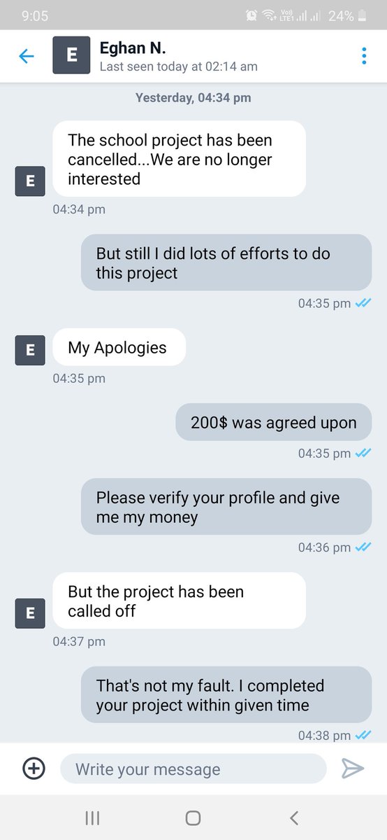 PraffulX's tweet photo. (2/4) After I delivering this project he charged back and took my $200 back and now refusing to pay because school apparently cancelled the project, here are the screenshots of chat with him. https://t.co/wRA2cHAnDo