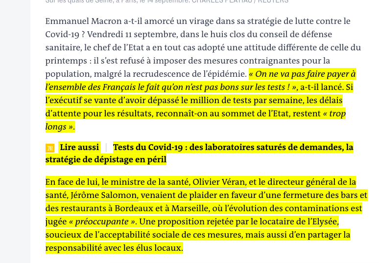 Pourquoi a-t-on tardé à agir ? Souvenez vous de cet article du Monde. Il racontait comment Macron avait séché Véran lors du conseil de défense sanitaire du 11 septembre: hors de question de fermer les bars et restaurants.  https://www.lemonde.fr/politique/article/2020/09/16/covid-19-face-au-risque-de-rejet-macron-refuse-d-imposer-des-mesures-trop-contraignantes_6052344_823448.html