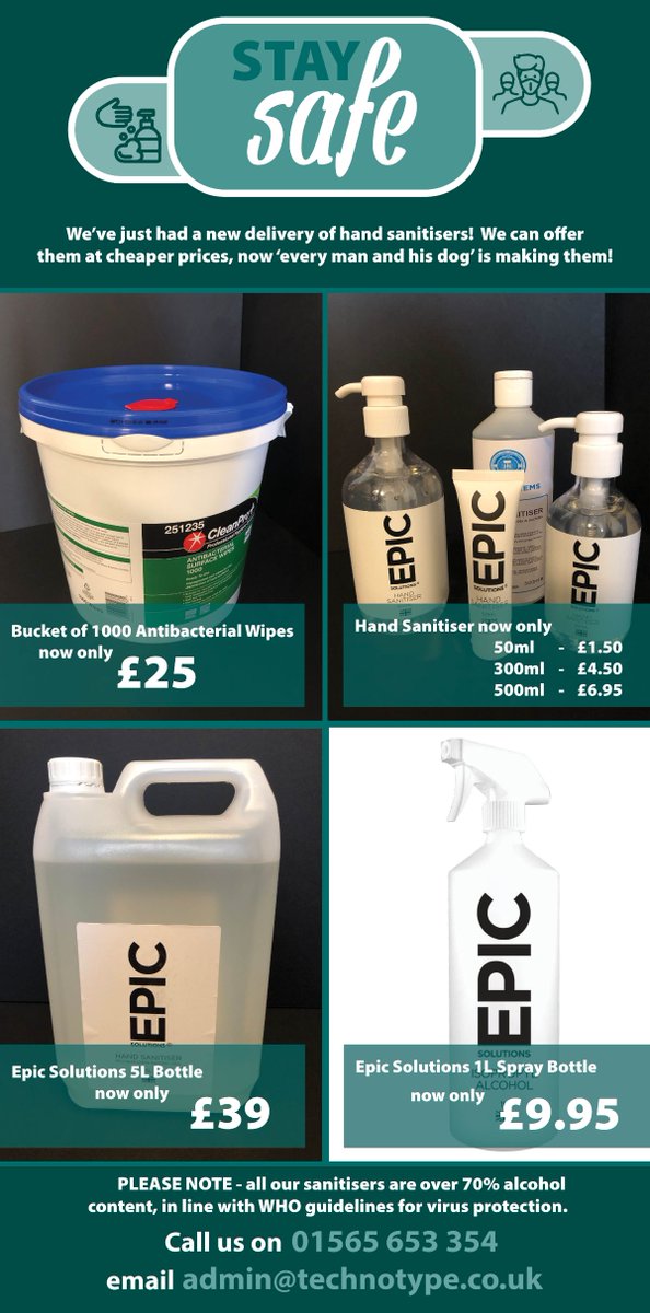 Techno Type (@techno_type) on Twitter photo To keep us safe in our Offices or at home – here is a reminder about our ‘slashed’ sanitiser prices and products for you
Call Us on ☎ 01565 653 354
OR
E-mail ✉ admin@technotype.co.uk To keep us safe in our Offices or at home – here is a reminder about our ‘slashed’ sanitiser prices and products for you
Call Us on ☎ 01565 653 354
OR
E-mail ✉ admin@technotype.co.uk