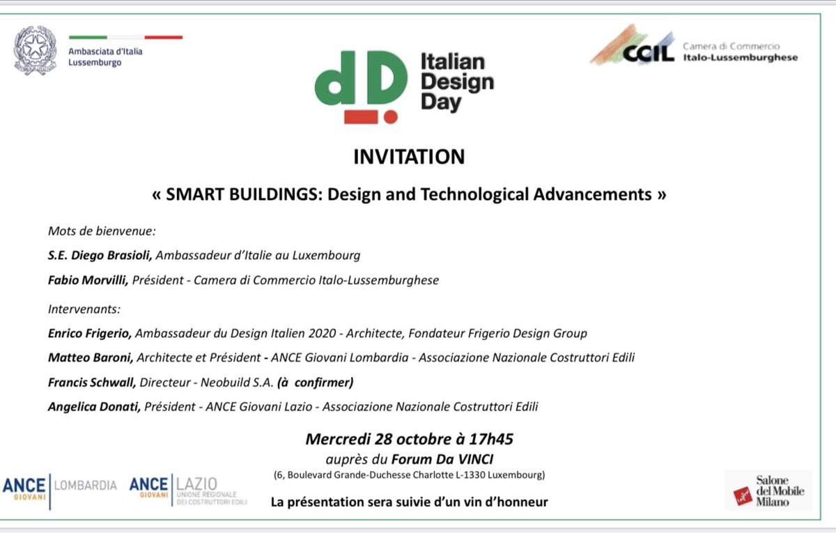 Il 28 Ottobre parteciperemo con @AnceGiovaniLomb all’ #ItalianDesignDay in #Lussemburgo. Il nostro Presidente @angiekdonati Donati sarà tra i relatori invitati dalla Camera di Commercio Italo-Lussemburghese per parlare di #innovazione