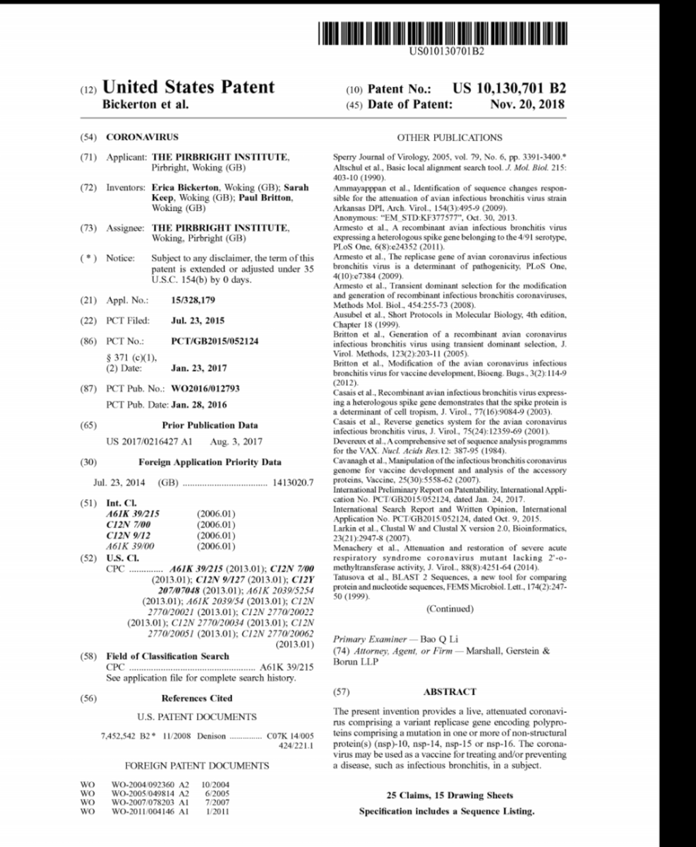 A collection of Covid-19 misinformationYes, the Pirbright Institute patented a coronavirus for research 20 November 2018.Not Covid-19.Just viral research There's over 4000 US patents in the specific Coronavirus sectionIt's not a Bill Gates /NWO plot https://patents.google.com/?q=A61K39%2f215&nbsp;