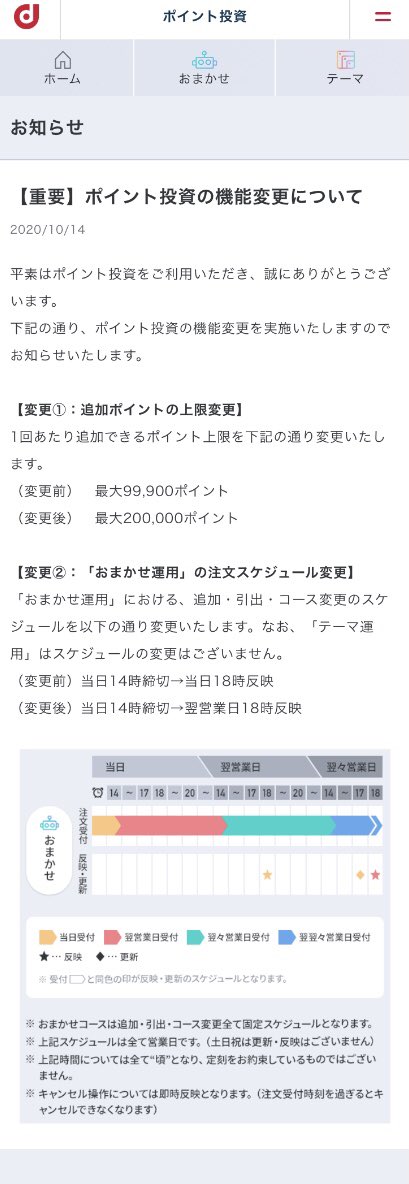 Pointwalker Dポイント投資改悪のお知らせ アクティブコースとバランスコースの追加が営業日反映に もしかしてテーマ日経は当日反映そのまま これは日経とテーマをもっと極めなくては Dポイント Dポイント投資 改悪