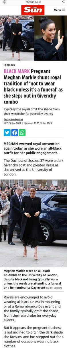 Exhibit 37:  #BlackClothingGateBlack conveys smartness and authority. No wonder Meghan and Kate wanted to wear it to functions at a university and a museum. But The Sun says Meghan broke protocol, while The Mail praises "chic" "sleek" blazer worn by Kate. Both look great.