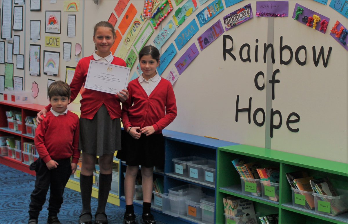 Here's Ava, Iris &amp; Henry (siblings from a key worker family who attended school during lockdown) with our 'Certificate of Merit Award' from the Lord Lieutenant of Suffolk. This was awarded for 'Outstanding Service to the Community in Suffolk during the COVID-19 Pandemic'.