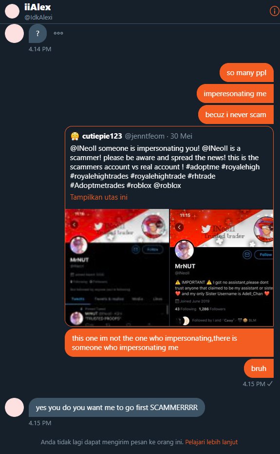 INeoII's tweet photo. Alright
another scammer
she wanna scam me by saying i must go first becuz so much ppl said ima scammer
likee LOL i never scam ppl,i just made a mistake once by selling halo to @ash_royalehigh but i already gave refund

#adoptmetrades #royalhightrading #royalehightrade https://t.co/6jZNW2vuNv