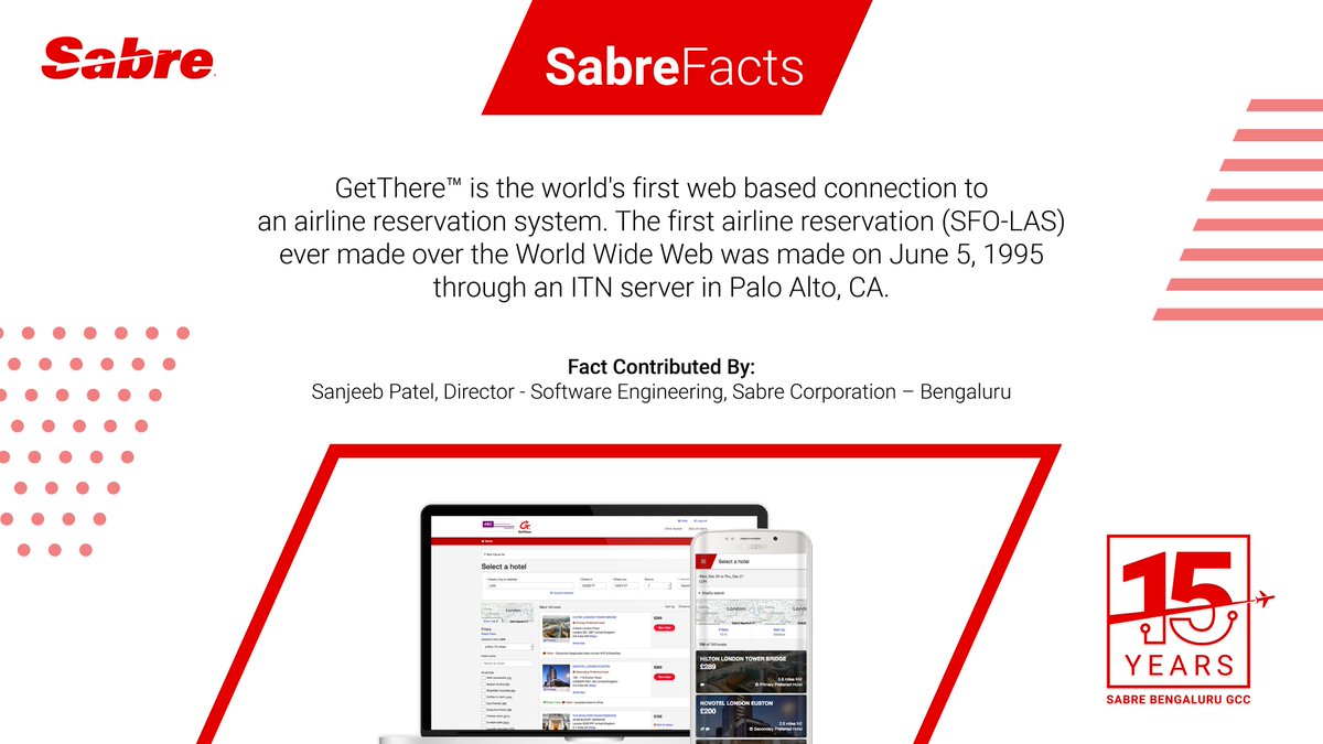 Sabre_India's tweet photo. Sabre’s GetThere platform has a long and illustrious history. Did you know that it is the world’s first ever web-based connection to airline reservation system? Stay tuned for more such interesting #SabreFacts!
#15YearsOfSabreIndia #GainingSpeed https://t.co/pILKcAObaS