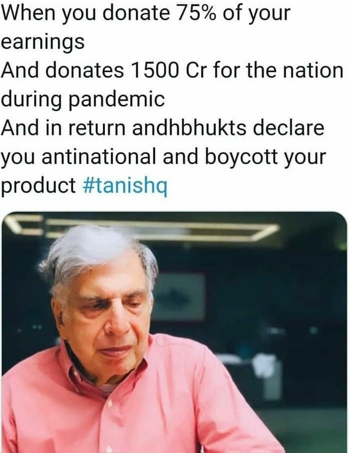rushya_ramesh's tweet photo. This is wat we give to a humble person, who shows his patriotism and love towards his nation and its people, by boycotting his producss #tanishq for one small ad. People who are trending #BoycottTanishq don't you think of the deeds he made to us n our country.#showsomerespect https://t.co/2t539GM0pv