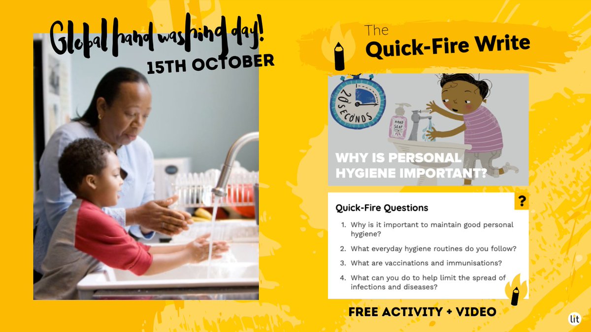 It's #GlobalHandwashingDay  tomorrow! 👏  There's never been a better time to bring the importance of hand washing with soap to the attention of our children. 💦

Free Quick-Fire Write activity to help! 🙌 litfilmfest.com/quickfirewrite…

#HandHygieneforAll #qfw #200wc #BigEdQuestion