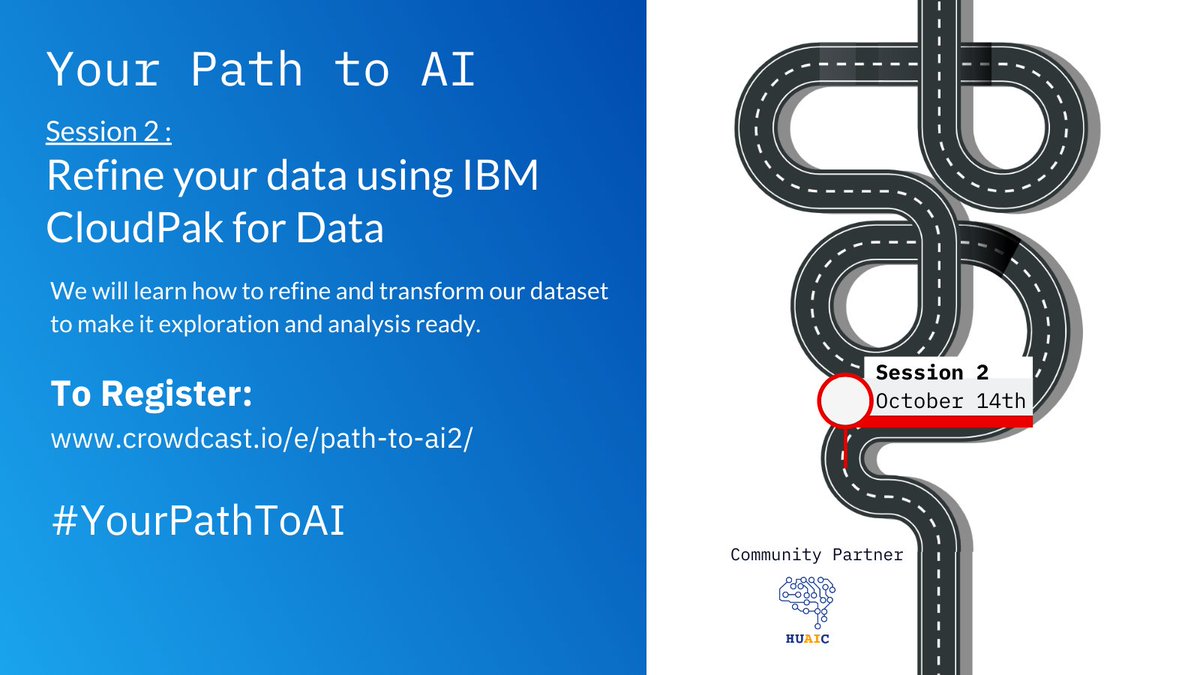 Your Path to AI: Explore your data using IBM CloudPak for Data. In this session, you will explore the tools of @IBM for AI.
RSVP: lnkd.in/djeQ5_k
#YourPathToAI #machinelearning #datascience #AI 
@fawaz_siddiqi @naisofly @QammarNisa