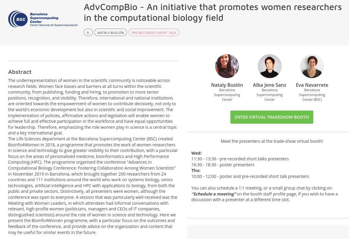 Bioinfo4women's tweet photo. Now! Short talks at #GenderAcademia2020 conference.
Come to our booth, watch the talk and have a chat with us about #AdvCompBio an initiative that promotes women researchers in #computationalbiology
▶️ https://t.co/YUAhOyeSaH
⏲️Today 11:30-13:30 CEST, tomorrow 10-12 CEST https://t.co/03DlFXiNA6